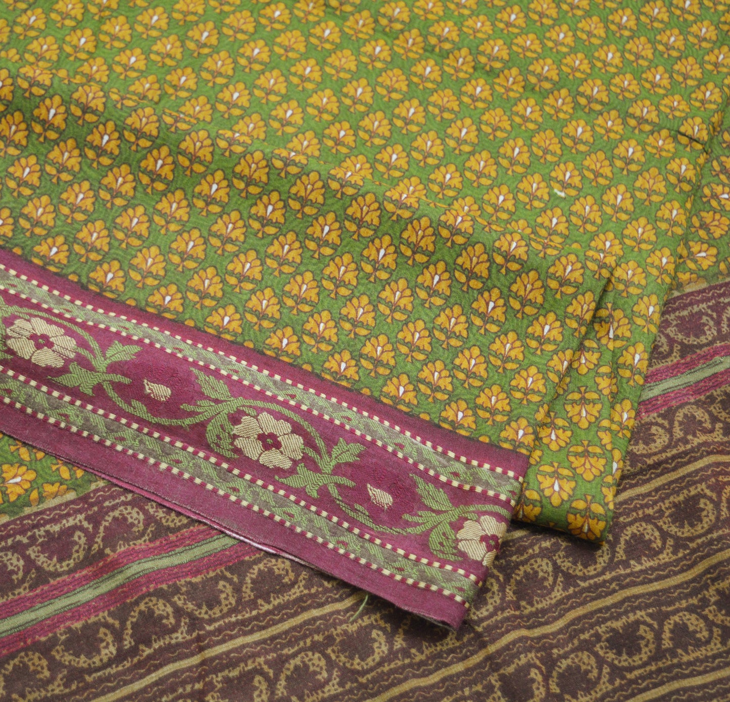 Vintage Green & Mustard Heavy Saree Pure Woolen Woven Printed Indian Sari Soft Warm Fabric 5Yard Floral Woven Border