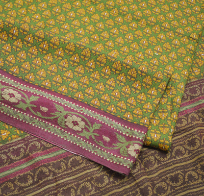 Vintage Green & Mustard Heavy Saree Pure Woolen Woven Printed Indian Sari Soft Warm Fabric 5Yard Floral Woven Border