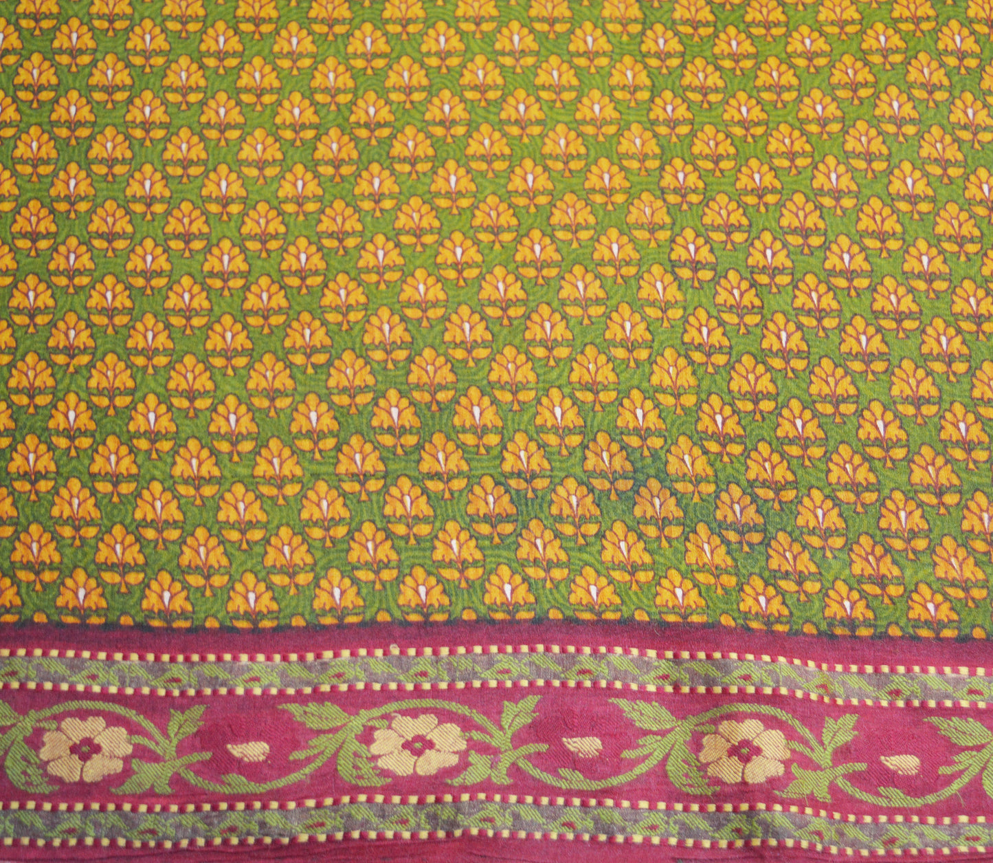 Vintage Green & Mustard Heavy Saree Pure Woolen Woven Printed Indian Sari Soft Warm Fabric 5Yard Floral Woven Border