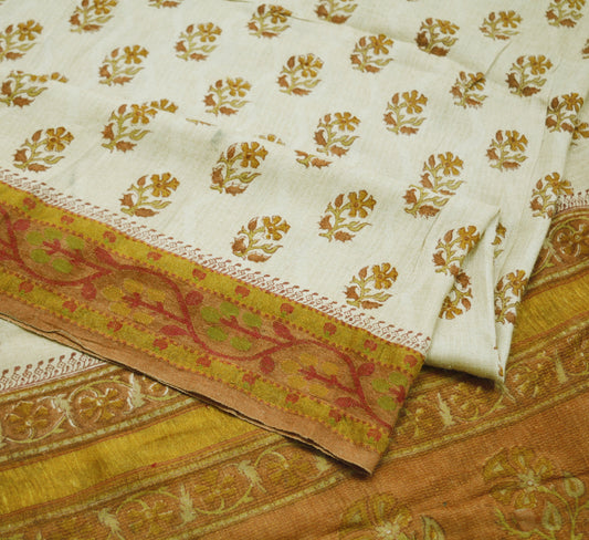 Vintage Ivory Heavy Saree Pure Woolen Woven Printed Indian Sari Soft Warm Fabric 5Yard Woven Zari