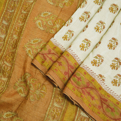 Vintage Ivory Heavy Saree Pure Woolen Woven Printed Indian Sari Soft Warm Fabric 5Yard Woven Zari