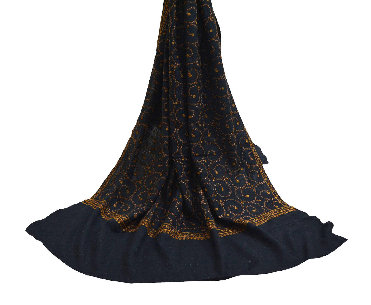 Vintage Black Pure Woolen Shawl Handmade Suzani Long Throw Stole Warm Stole Floral Design