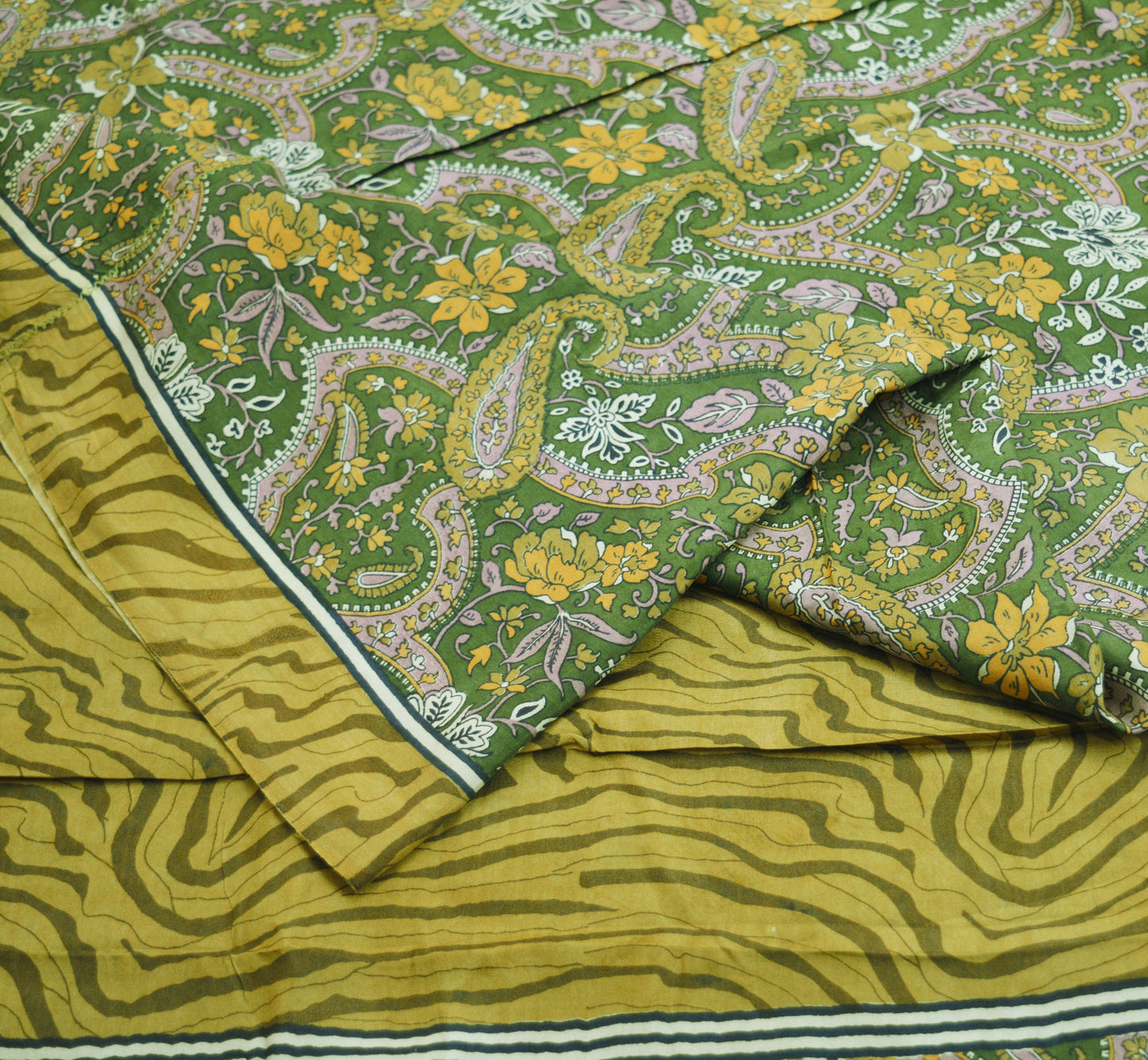 Indian Vintage Sari Green Pure Silk Printed Saree Fabric 5yd Sewing Craft DressMaking  Soft Paisley Design