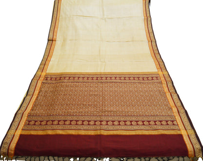 Indian Vintage Beige Saree Pure Khadi Silk Handloom Printed Indian Sari Fabric 6yard Ethnic Wear Floral