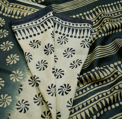 Indian Vintage Ivory & black Saree Pure Khadi Silk Handloom Printed Indian Sari Fabric 5yard Ethnic Wear Sari Floral