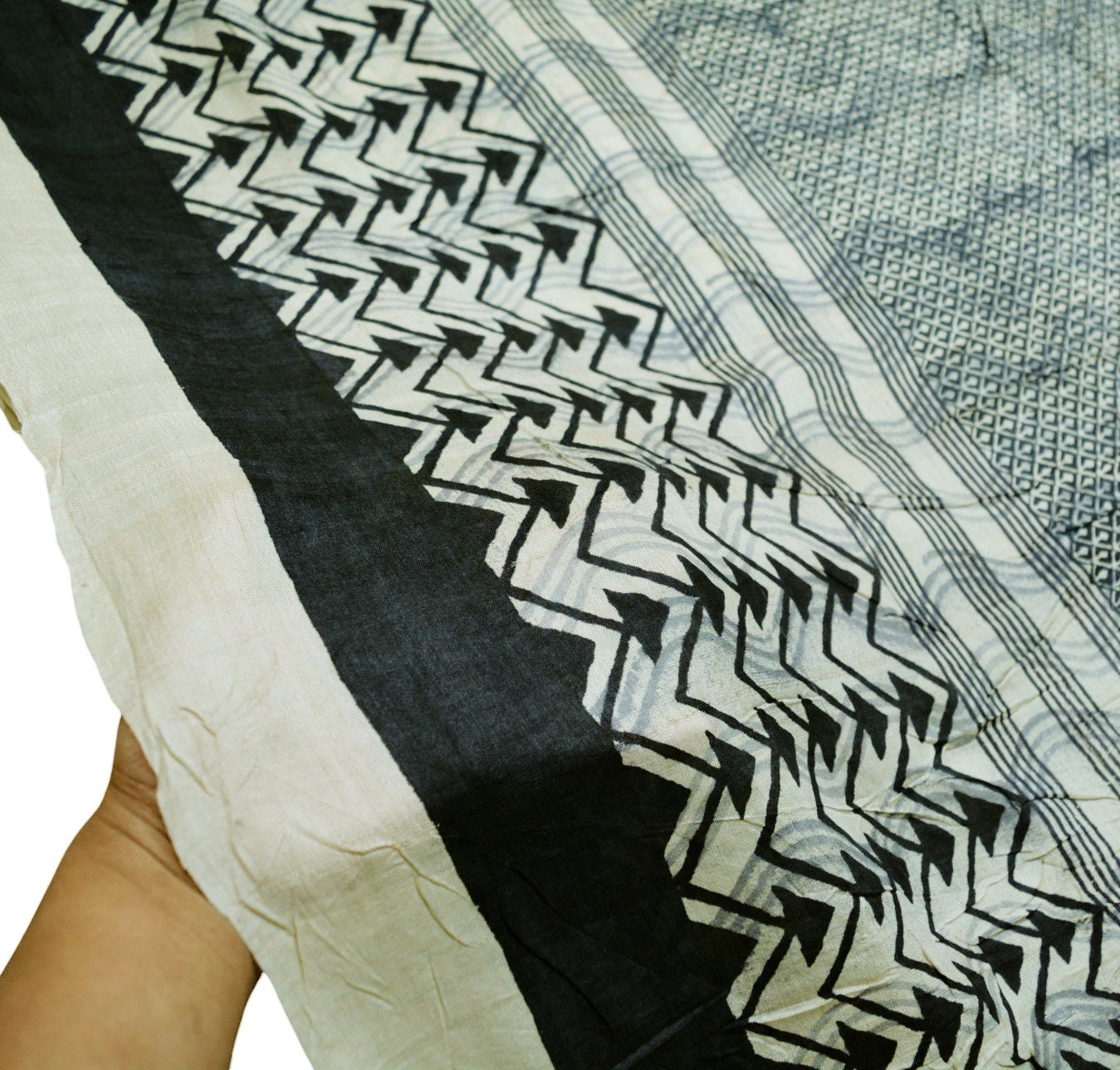 Indian Vintage Ivory & black Saree Pure Khadi Silk Handloom Printed Indian Sari Fabric 5yard Ethnic Wear Sari Floral