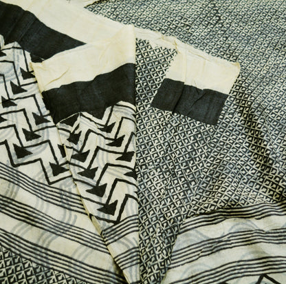 Indian Vintage Ivory & black Saree Pure Khadi Silk Handloom Printed Indian Sari Fabric 5yard Ethnic Wear Sari Floral