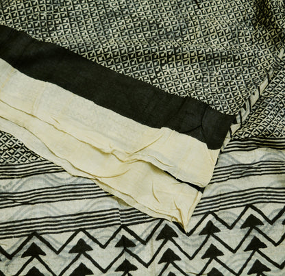 Indian Vintage Ivory & black Saree Pure Khadi Silk Handloom Printed Indian Sari Fabric 5yard Ethnic Wear Sari Floral