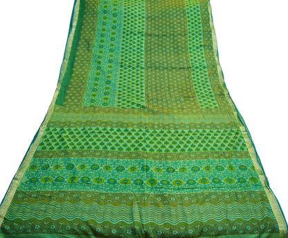 Indian Vintage Sari Green Pure Silk Printed Saree 5yard Sewing Craft Fabric DressMaking Soft Golden Zari