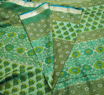 Indian Vintage Sari Green Pure Silk Printed Saree 5yard Sewing Craft Fabric DressMaking Soft Golden Zari