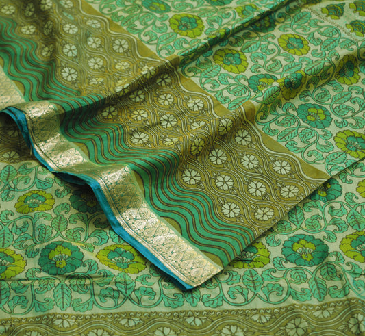 Indian Vintage Sari Green Pure Silk Printed Saree 5yard Sewing Craft Fabric DressMaking Soft Golden Zari