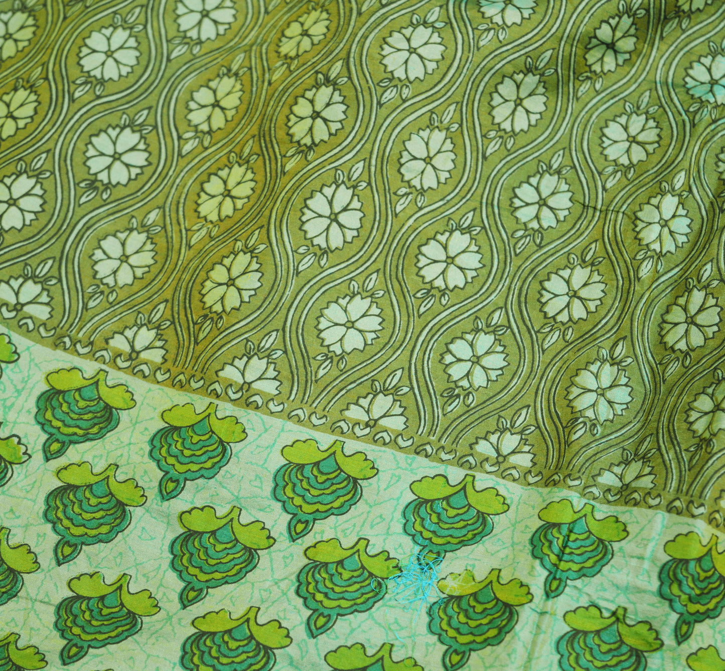 Indian Vintage Sari Green Pure Silk Printed Saree 5yard Sewing Craft Fabric DressMaking Soft Golden Zari