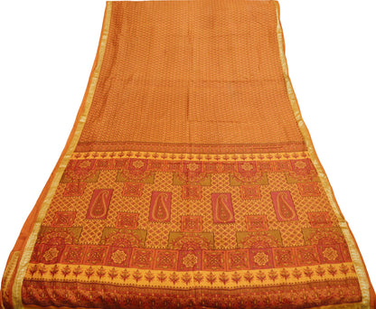 Indian Vintage Sari Orange 100% Pure Silk Printed Saree Fabric 5yard Sewing Craft Fabric DressMaking  Soft Wrap Zari