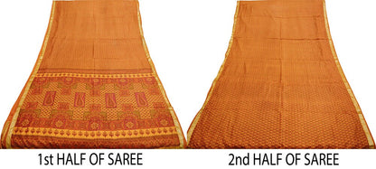 Indian Vintage Sari Orange 100% Pure Silk Printed Saree Fabric 5yard Sewing Craft Fabric DressMaking  Soft Wrap Zari