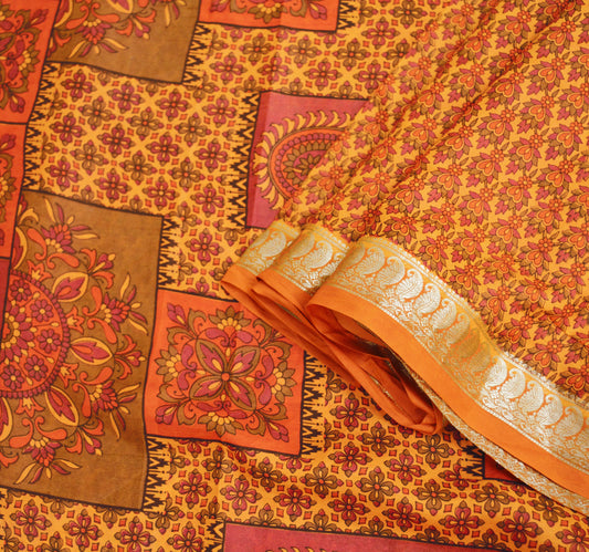 Indian Vintage Sari Orange 100% Pure Silk Printed Saree Fabric 5yard Sewing Craft Fabric DressMaking  Soft Wrap Zari
