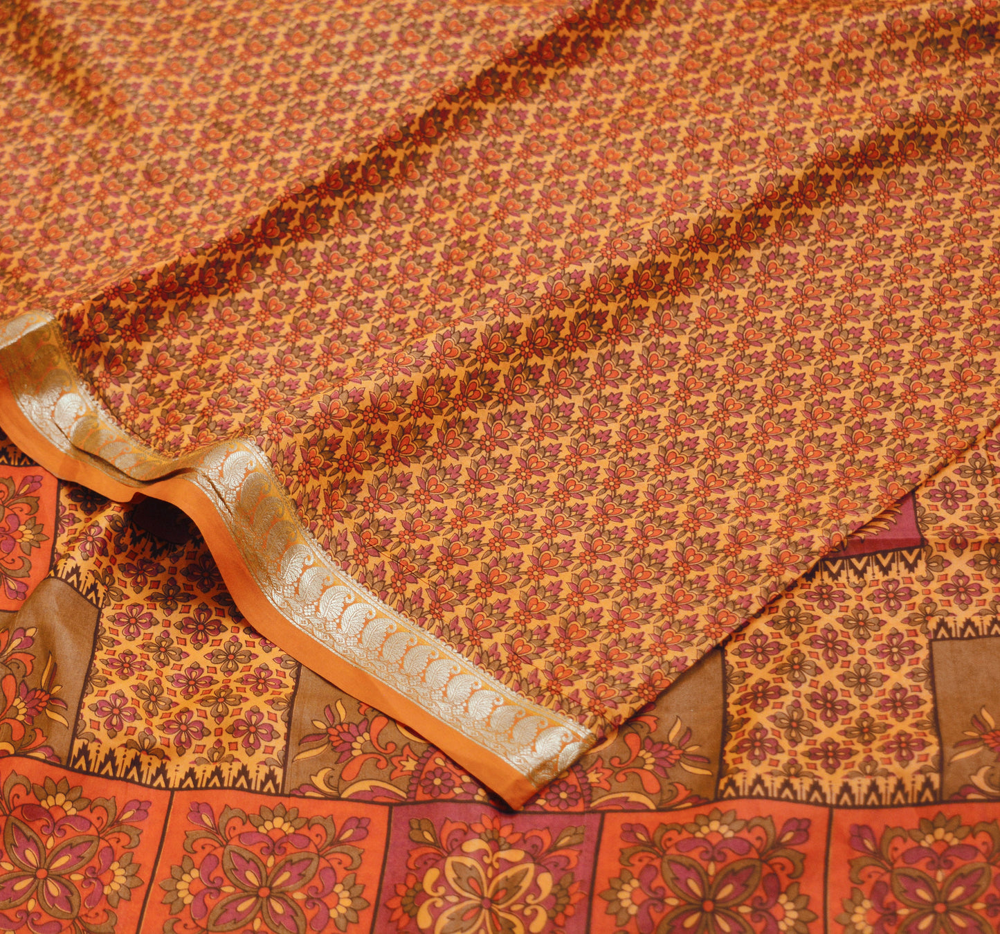 Indian Vintage Sari Orange 100% Pure Silk Printed Saree Fabric 5yard Sewing Craft Fabric DressMaking  Soft Wrap Zari