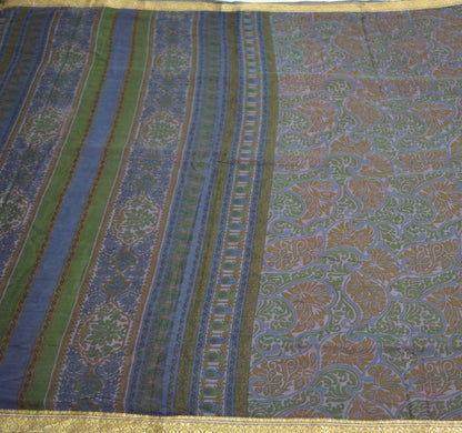 Indian Vintage Sari Blue Pure Silk Printed Saree 5yard Sewing Craft Fabric Dress Making Soft Wrap Floral Zari