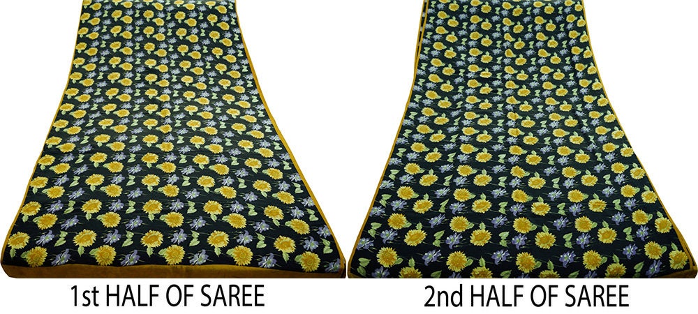 Indian Vintage Sari Black Pure Crepe Silk Printed Saree 5yard Sewing Floral Craft Fabric Wrap