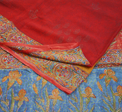 Women Vintage Sari Red 100% Pure Georgette Silk Block Printed Saree Craft Fabric Sewing 5Yard Soft Sari Dress Making