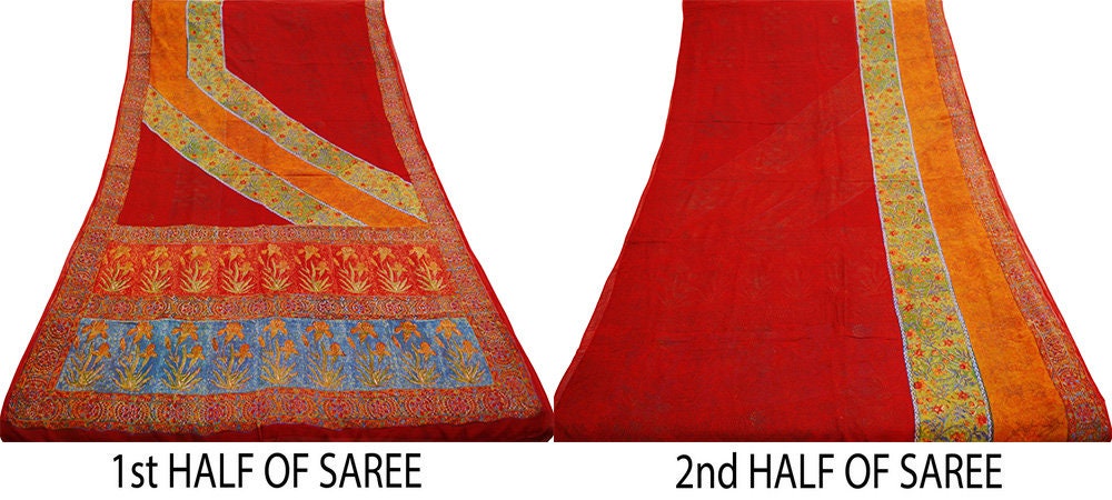 Women Vintage Sari Red 100% Pure Georgette Silk Block Printed Saree Craft Fabric Sewing 5Yard Soft Sari Dress Making