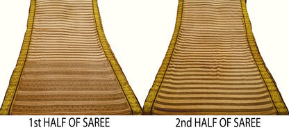 Vintage Sari Brown & Beige Pure Cotton Hand Woven Saree Golden Zari 5Yard Soft Floral Golden Zari