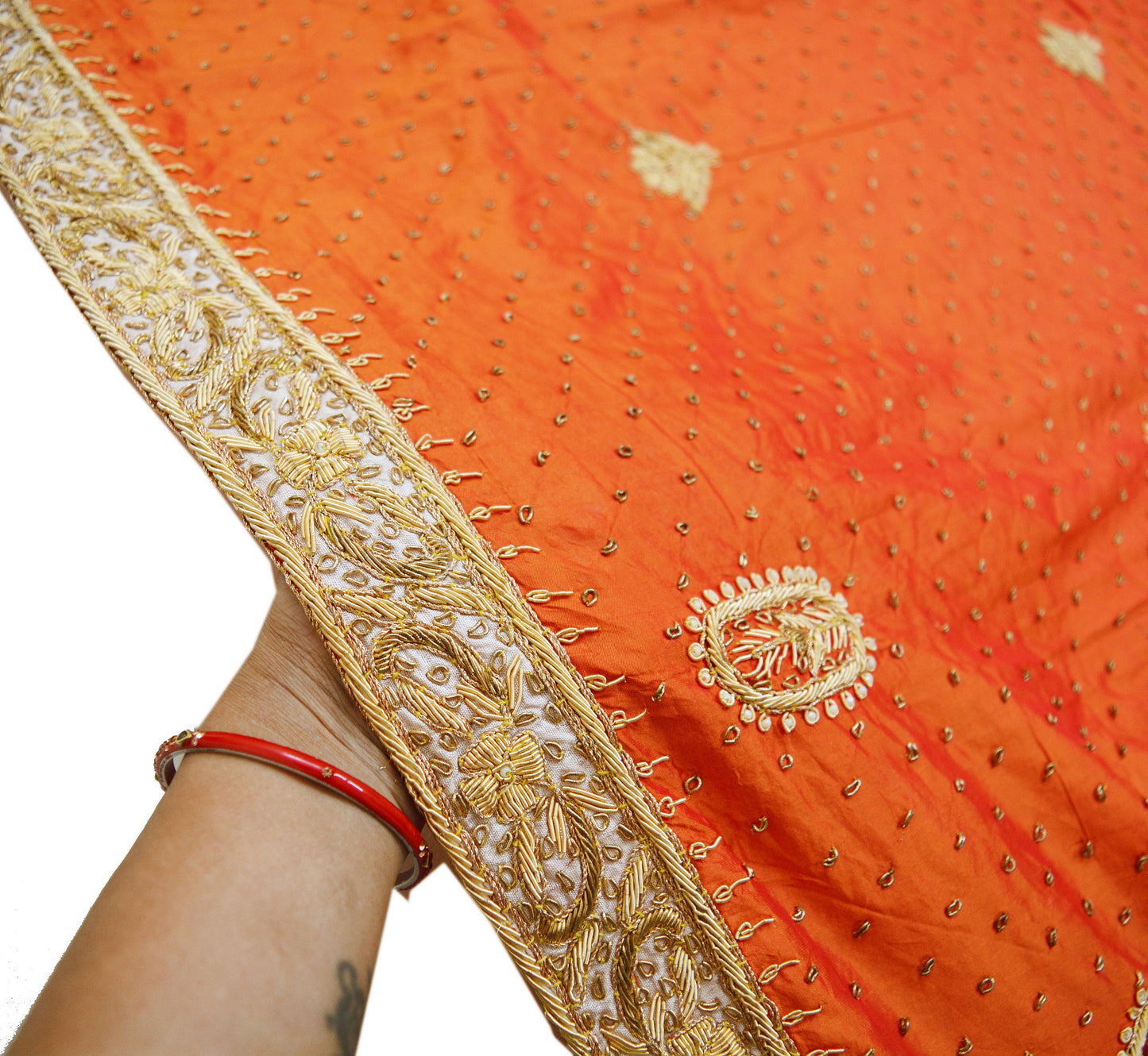 Indian Vintage Heavy Wedding Orange Dupatta Pure Silk Long Stole Hand Embroidered Scarves Golden Zardozi Zari Stole