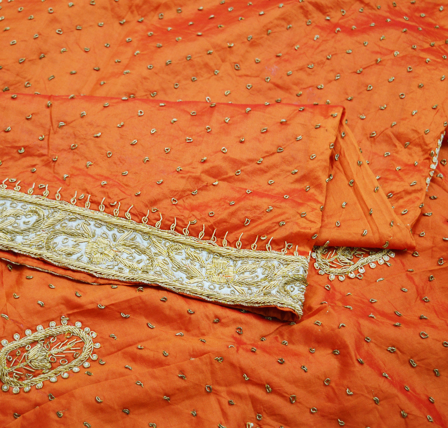 Indian Vintage Heavy Wedding Orange Dupatta Pure Silk Long Stole Hand Embroidered Scarves Golden Zardozi Zari Stole