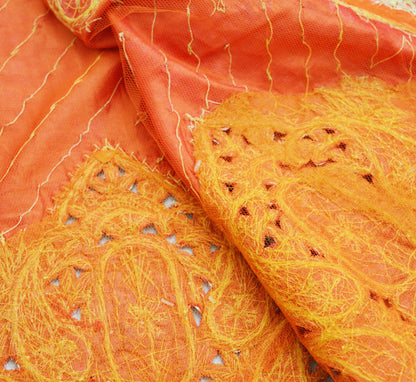 Indian Vintage Heavy Wedding Orange Dupatta Pure Silk Long Stole Hand Embroidered Scarves Golden Zardozi Zari Stole