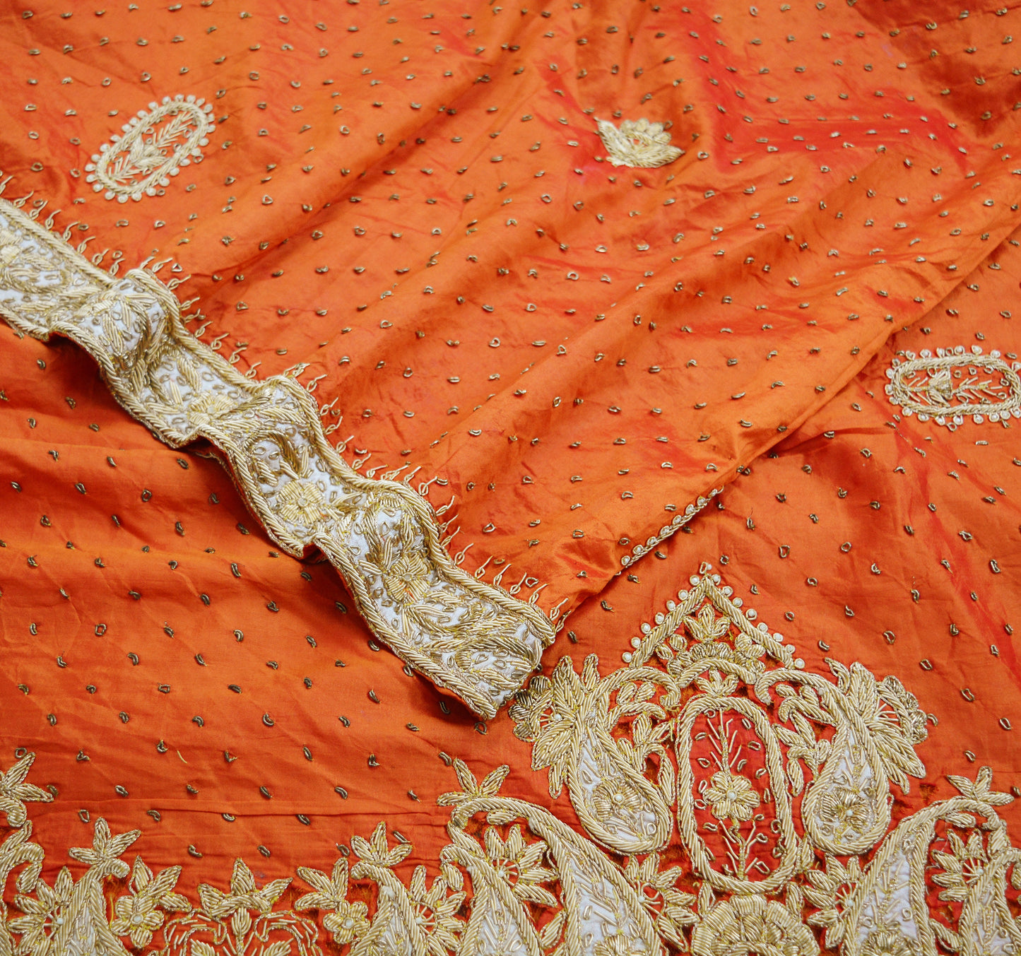 Indian Vintage Heavy Wedding Orange Dupatta Pure Silk Long Stole Hand Embroidered Scarves Golden Zardozi Zari Stole