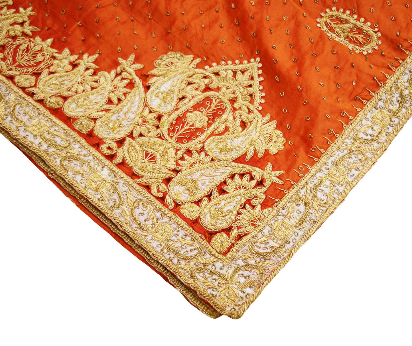 Indian Vintage Heavy Wedding Orange Dupatta Pure Silk Long Stole Hand Embroidered Scarves Golden Zardozi Zari Stole