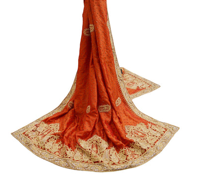 Indian Vintage Heavy Wedding Orange Dupatta Pure Silk Long Stole Hand Embroidered Scarves Golden Zardozi Zari Stole