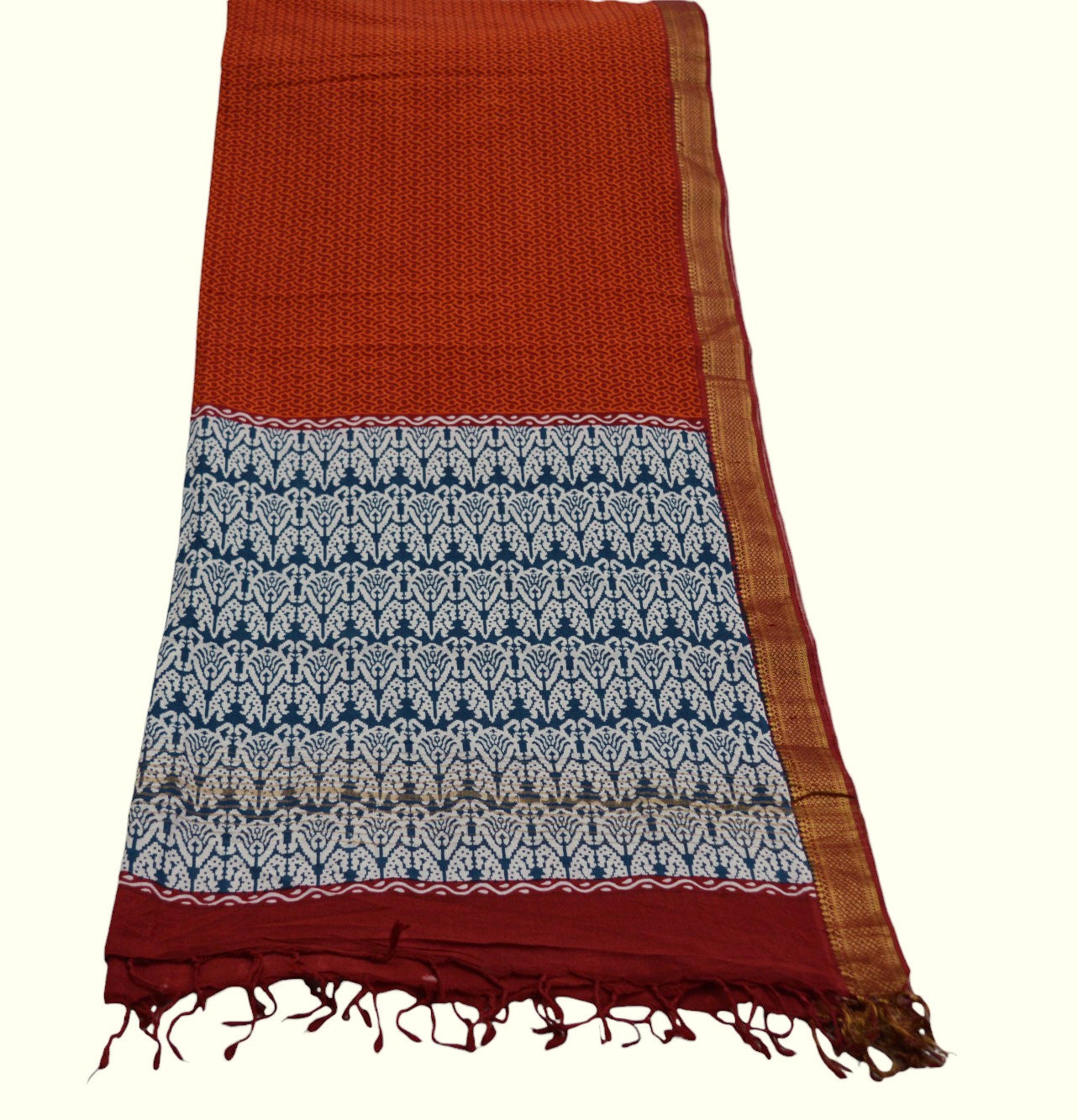 Indian Vintage Orange & Blue Dupatta Long Stole Block Print Cotton Indian Scarves Veil Golden Zari Soft Floral Design