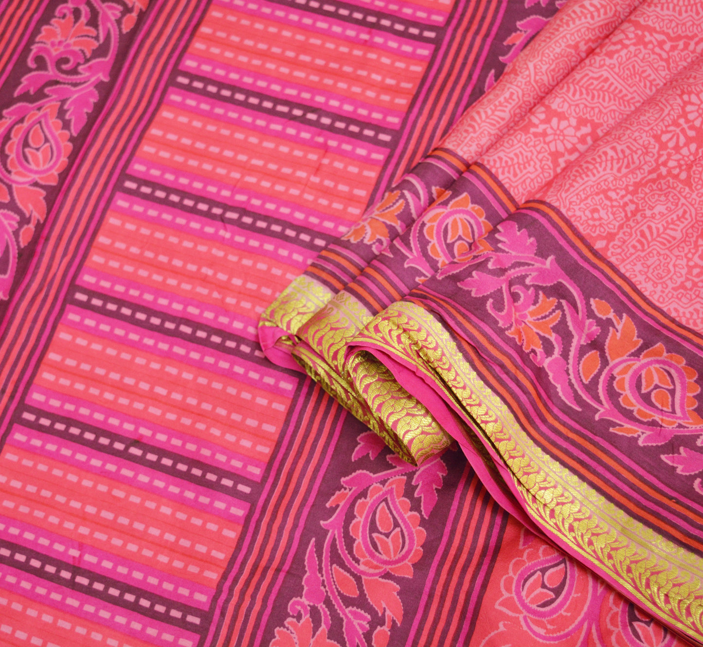 Indian Vintage Sari Pink 100% Pure Silk Printed Saree 5yard Sewing Craft Fabric DressMaking Soft Golden Zari