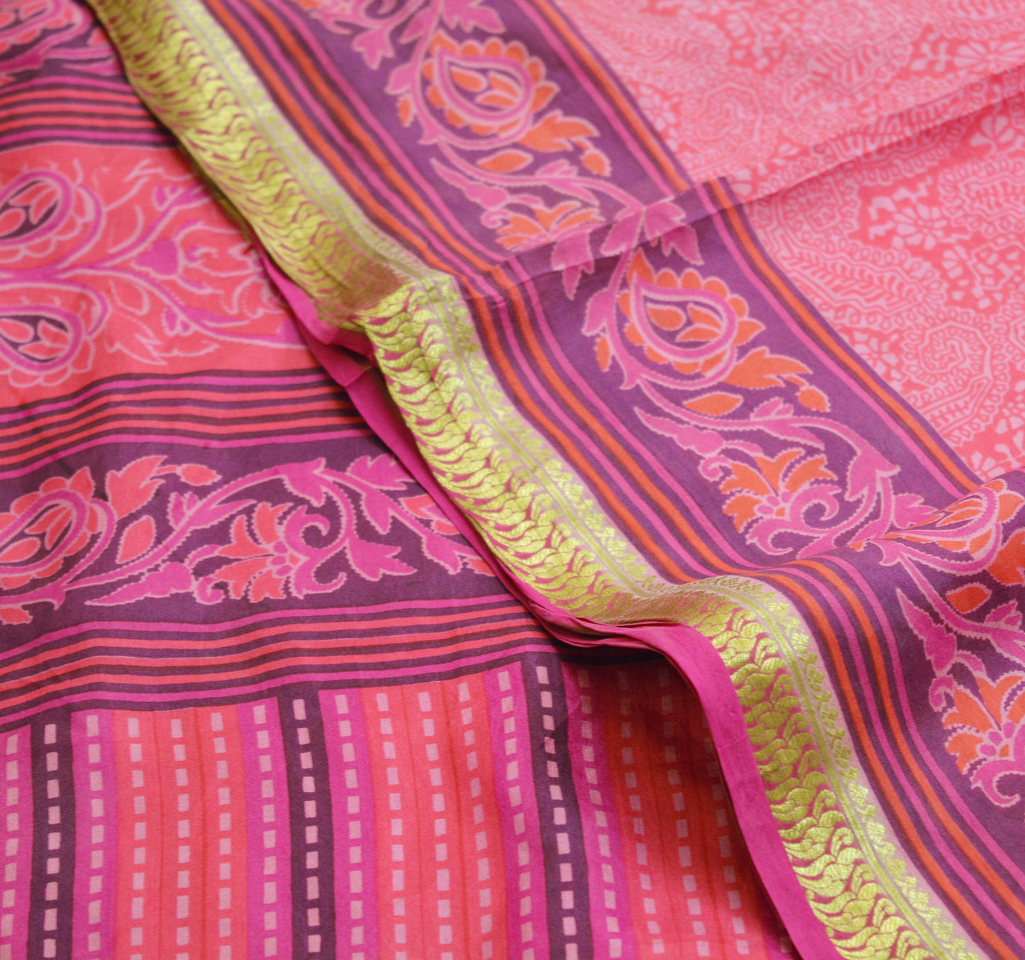 Indian Vintage Sari Pink 100% Pure Silk Printed Saree 5yard Sewing Craft Fabric DressMaking Soft Golden Zari