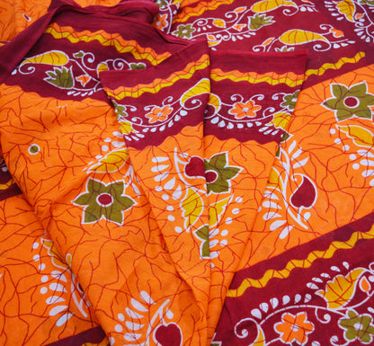 Indian Vintage Sari Red & Orange Batik Printed 100% Pure Cotton Saree Craft Soft Fabric 5Yard Sewing Sarong Wrap Boho