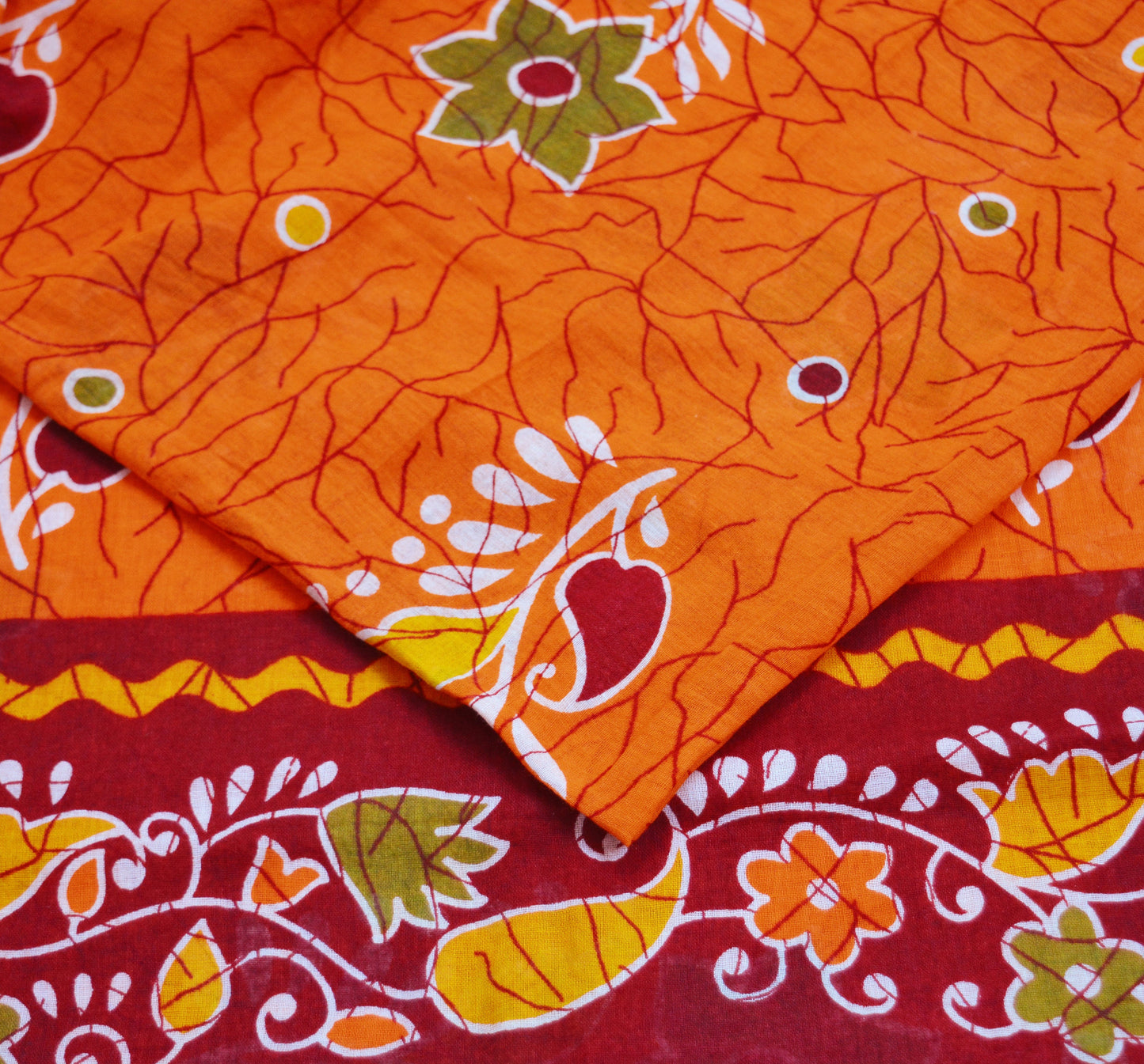 Indian Vintage Sari Red & Orange Batik Printed 100% Pure Cotton Saree Craft Soft Fabric 5Yard Sewing Sarong Wrap Boho