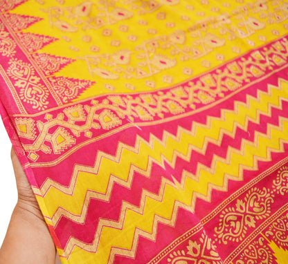 Indian Vintage Sari Pink & Yellow Printed 100% Pure Cotton Saree Craft Soft Fabric 5Yard Sewing Sarong Wrap Boho