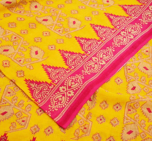 Indian Vintage Sari Pink & Yellow Printed 100% Pure Cotton Saree Craft Soft Fabric 5Yard Sewing Sarong Wrap Boho