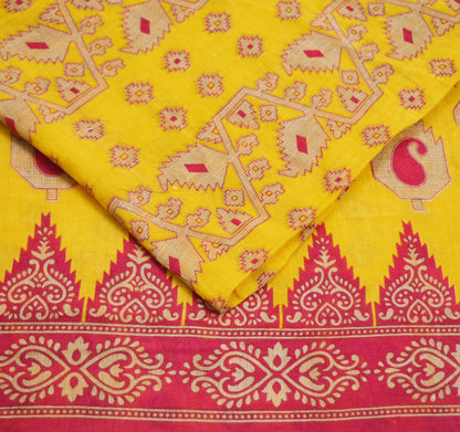 Indian Vintage Sari Pink & Yellow Printed 100% Pure Cotton Saree Craft Soft Fabric 5Yard Sewing Sarong Wrap Boho