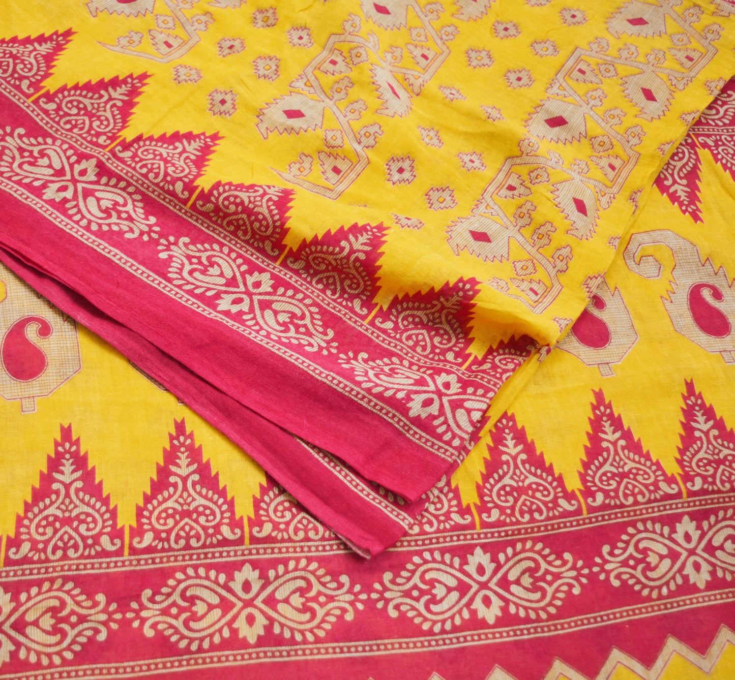 Indian Vintage Sari Pink & Yellow Printed 100% Pure Cotton Saree Craft Soft Fabric 5Yard Sewing Sarong Wrap Boho