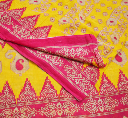 Indian Vintage Sari Pink & Yellow Printed 100% Pure Cotton Saree Craft Soft Fabric 5Yard Sewing Sarong Wrap Boho