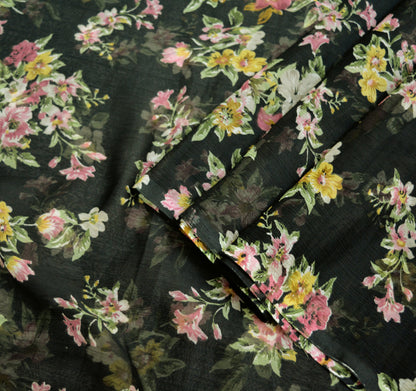 Women Vintage Sari Black Chiffon Printed Saree Craft Fabric Sewing 6Yard Soft Light Sari Dress Making Floral
