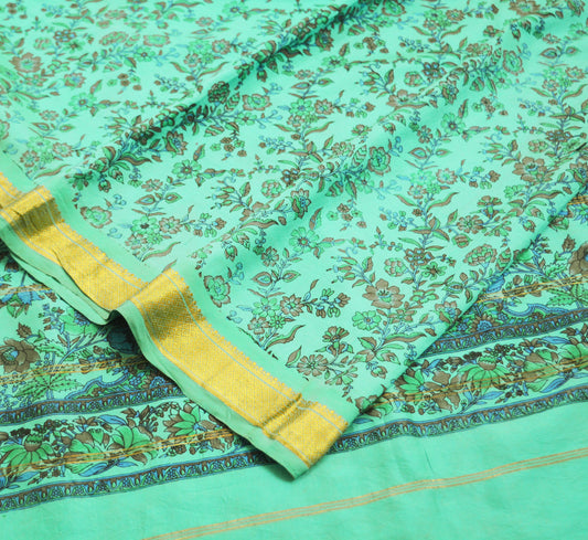 Vintage Sari Green Pure Silk Printed Sarees Fabric 5yard Sewing Soft Dress Designing for Crafting ,Decor Floral Zari