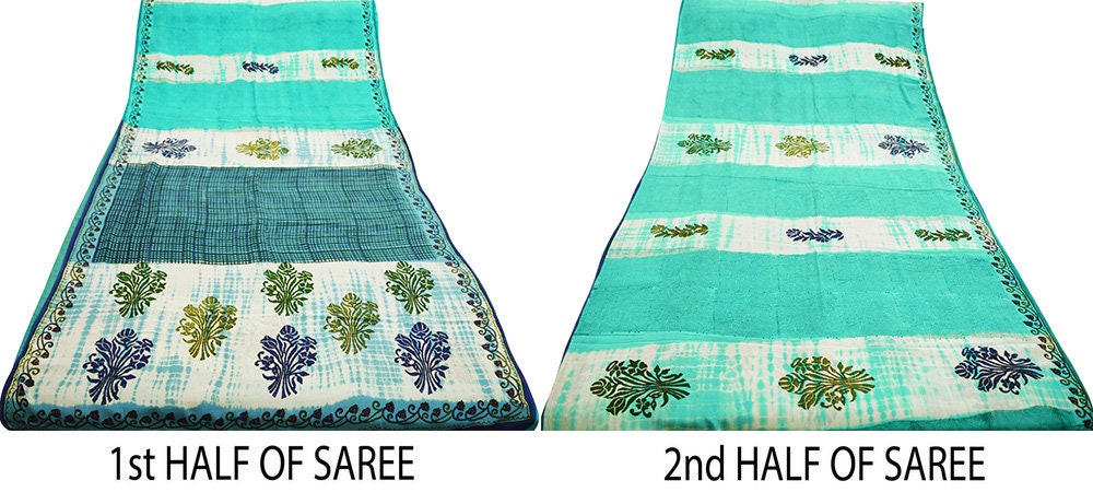 Indian Vintage Sari Ivory & Green Pure Crepe Silk Printed Saree 5yard Sewing Floral Soft Craft Fabric Wrap