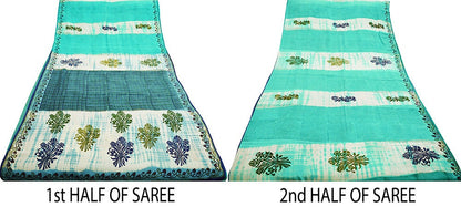 Indian Vintage Sari Ivory & Green Pure Crepe Silk Printed Saree 5yard Sewing Floral Soft Craft Fabric Wrap