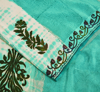 Indian Vintage Sari Ivory & Green Pure Crepe Silk Printed Saree 5yard Sewing Floral Soft Craft Fabric Wrap