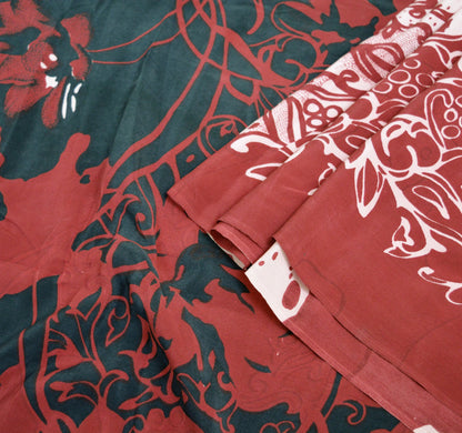 Indian Vintage Sari Black & Red Pure Crepe Silk Printed Saree 5yard Sewing Rose Flower Soft Craft Fabric Wrap