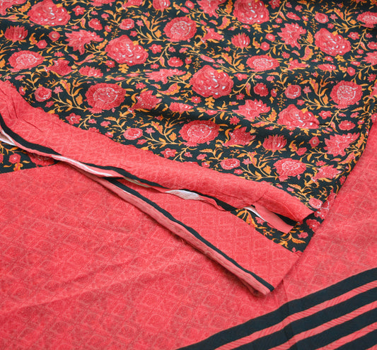 Indian Vintage Sari Pink & Black Pure Crepe Silk Printed Saree 5yard Sewing Floral Soft Craft Fabric Ethnic Wrap