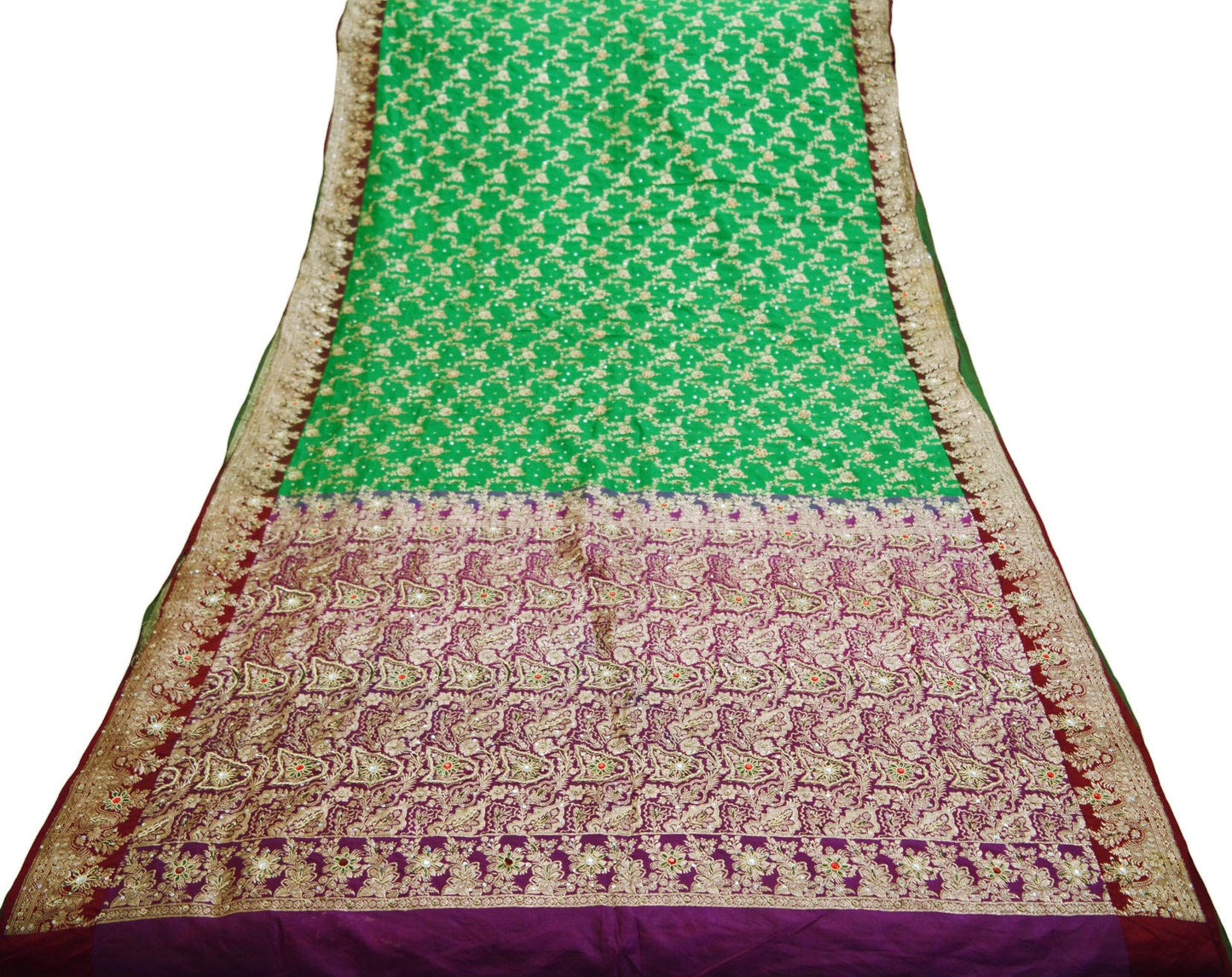 Vintage Sari Heavy Wedding Pure Satin Silk Hand Embroidered Banarsi Brocade Saree Zari/Zardozi/Dabka 5Yd