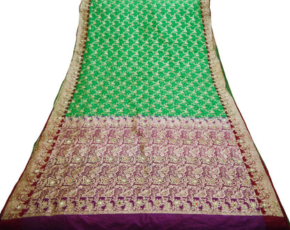 Vintage Sari Heavy Wedding Pure Satin Silk Hand Embroidered Banarsi Brocade Saree Zari/Zardozi/Dabka 5Yd